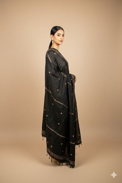 Sanskriti Vintage Black Pure Silk Dupatta Long Stole Hand Embroidered Zardozi Sequins Uses-Table linen, Cushions, Curtains, Dressing