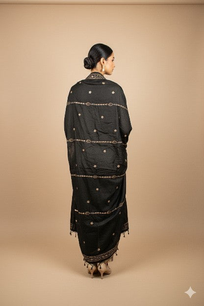 Sanskriti Vintage Black Pure Silk Dupatta Long Stole Hand Embroidered Zardozi Sequins Uses-Table linen, Cushions, Curtains, Dressing