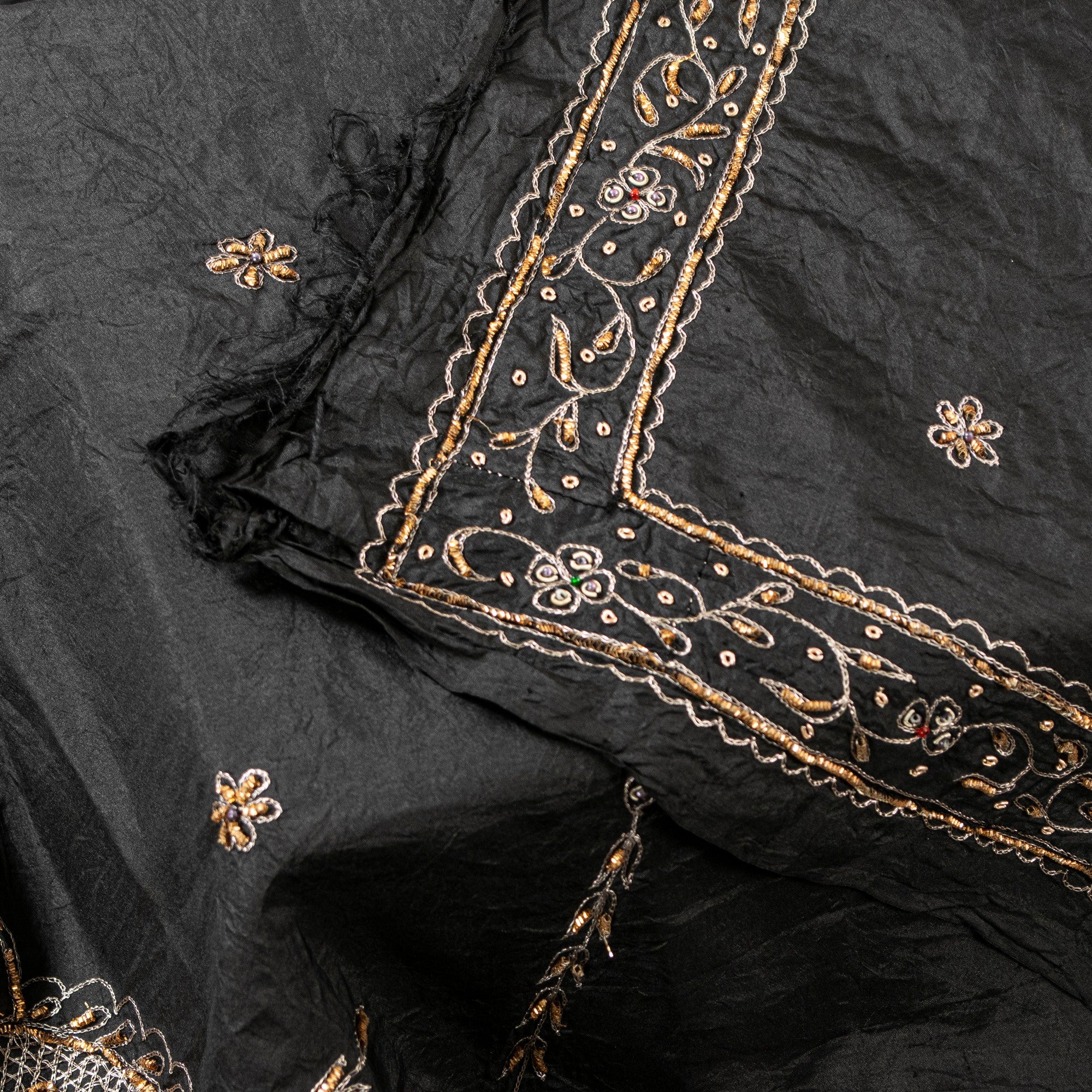 Sanskriti Vintage Black Pure Silk Dupatta Long Stole Hand Embroidered Zardozi