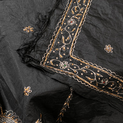 Sanskriti Vintage Black Pure Silk Dupatta Long Stole Hand Embroidered Zardozi Sequins Uses-Table linen, Cushions, Curtains, Dressing