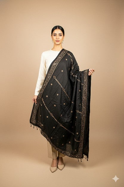 Sanskriti Vintage Black Pure Silk Dupatta Long Stole Hand Embroidered Zardozi Sequins Uses-Table linen, Cushions, Curtains, Dressing