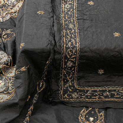Sanskriti Vintage Black Pure Silk Dupatta Long Stole Hand Embroidered Zardozi Sequins Uses-Table linen, Cushions, Curtains, Dressing