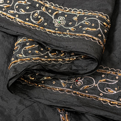 Sanskriti Vintage Black Pure Silk Dupatta Long Stole Hand Embroidered Zardozi Sequins Uses-Table linen, Cushions, Curtains, Dressing