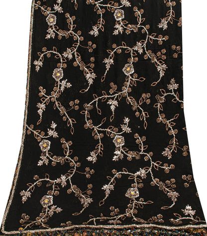 Sanskriti Vintage Black Pure Georgette Silk Dupatta Long Stole Hand Beaded Scarf