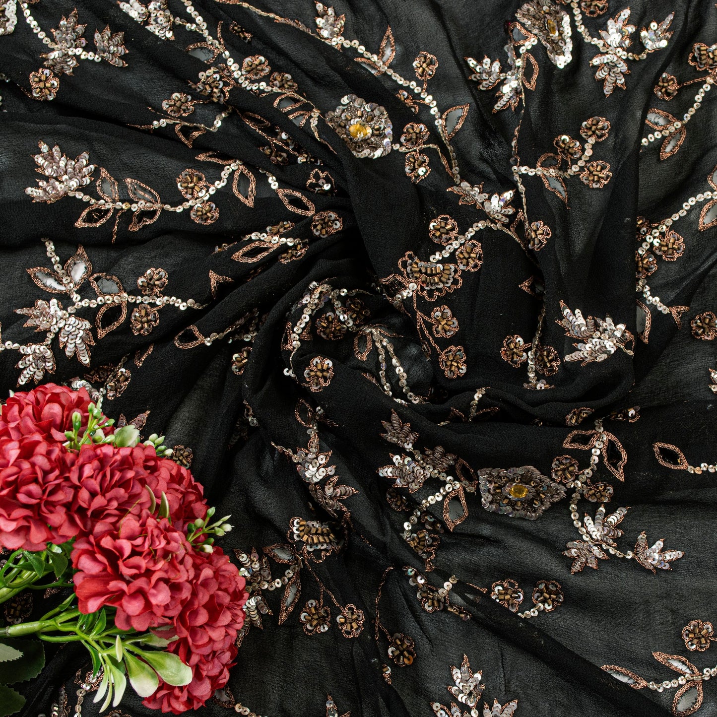 Sanskriti Vintage Black Pure Georgette Silk Dupatta Long Stole Hand Beaded Scarf