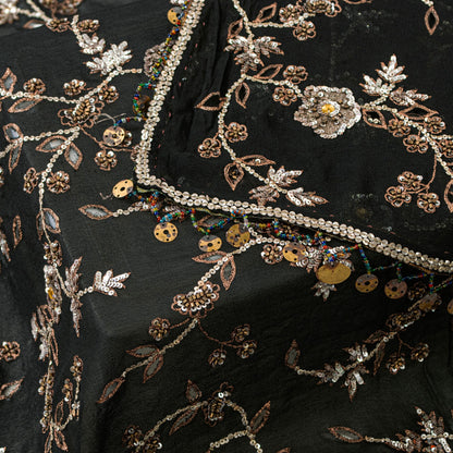 Sanskriti Vintage Black Pure Georgette Silk Dupatta Long Stole Hand Beaded Scarf