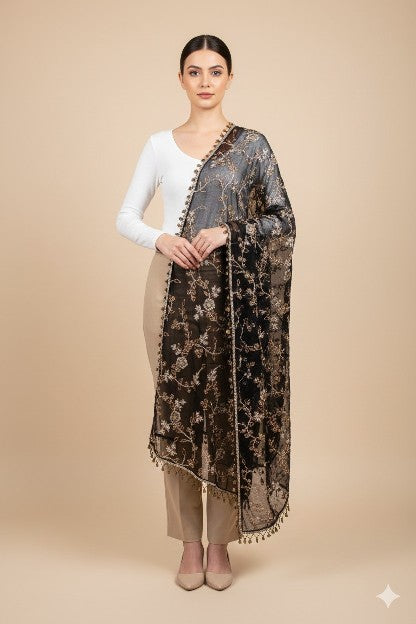 Sanskriti Vintage Black Pure Georgette Silk Dupatta Long Stole Hand Beaded Scarf
