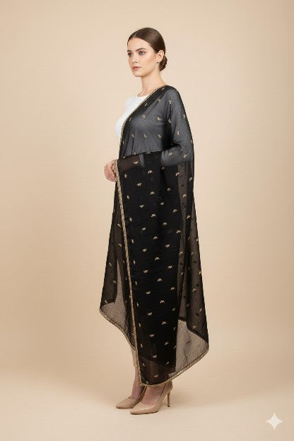 Sanskriti Vintage Black Pure Silk Dupatta Long Stole Hand Beaded Zardozi Scarves