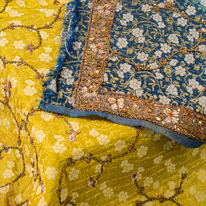 Sanskriti Vintage Yellow-Blue Georgette Dupatta Stole Woven & Hand Beaded Dabka Sequins Crafting, Upcycling, Recycling, Dress Making,Decor