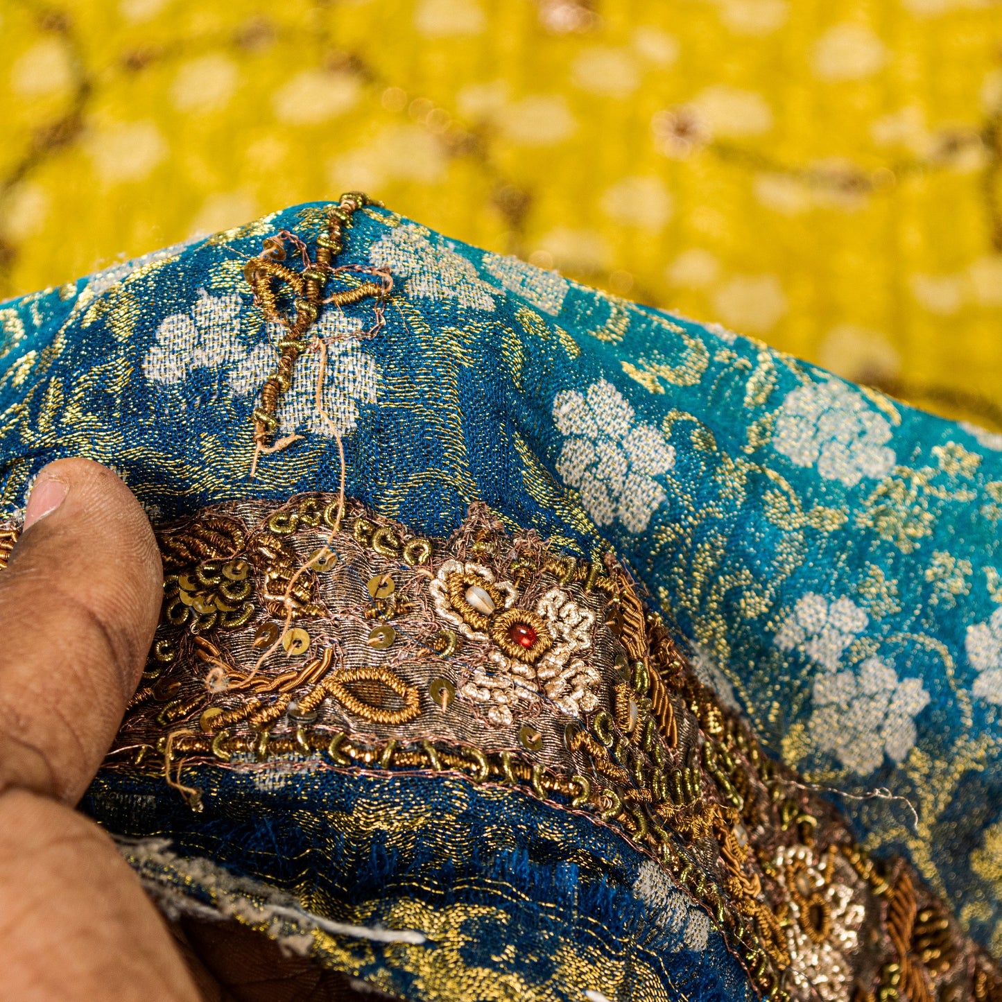 Sanskriti Vintage Yellow-Blue Georgette Dupatta Stole Woven & Hand Beaded Dabka Sequins Crafting, Upcycling, Recycling, Dress Making,Decor