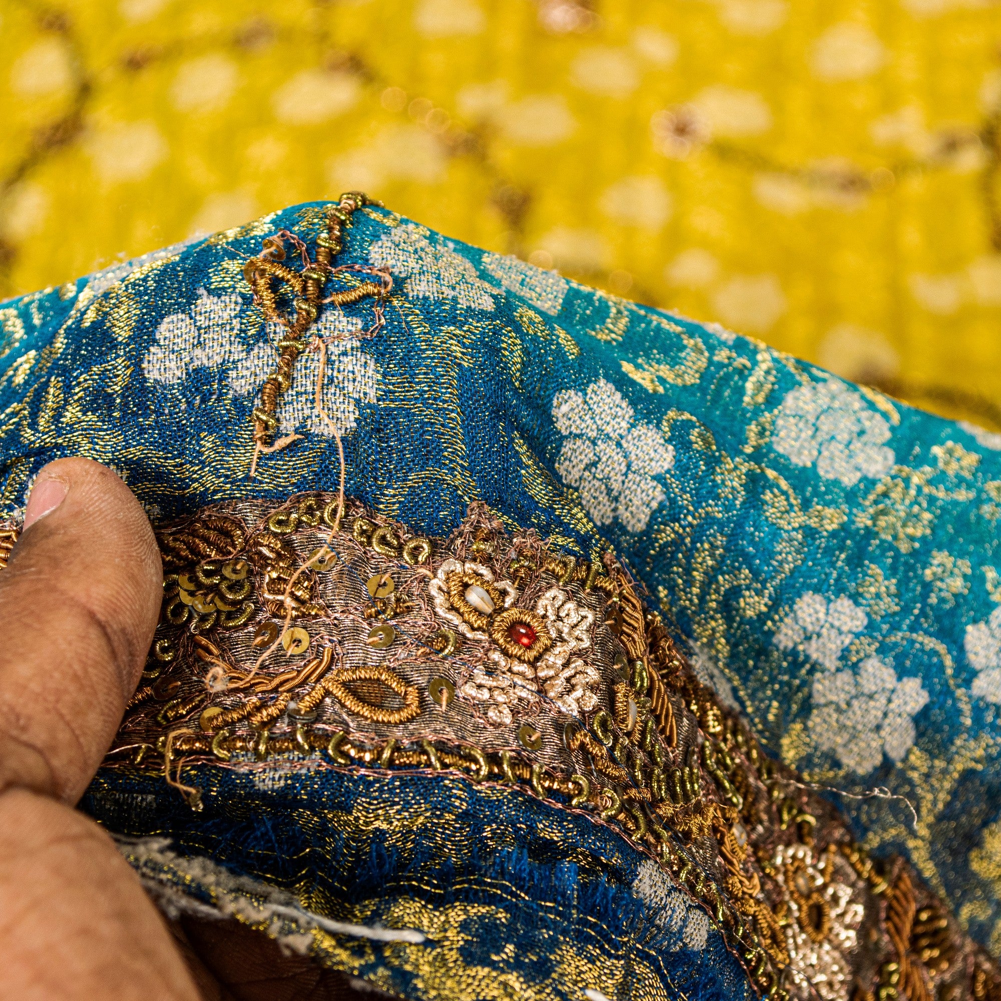 Sanskriti Vintage Yellow-Blue Georgette Dupatta Stole Woven & Hand Beaded Dabka