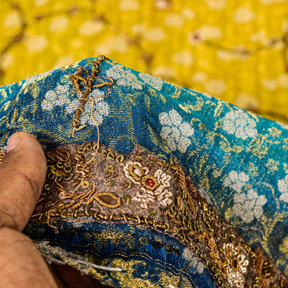 Sanskriti Vintage Yellow-Blue Georgette Dupatta Stole Woven & Hand Beaded Dabka Sequins Crafting, Upcycling, Recycling, Dress Making,Decor