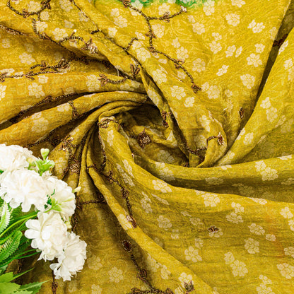 Sanskriti Vintage Yellow-Blue Georgette Dupatta Stole Woven & Hand Beaded Dabka Sequins Crafting, Upcycling, Recycling, Dress Making,Decor