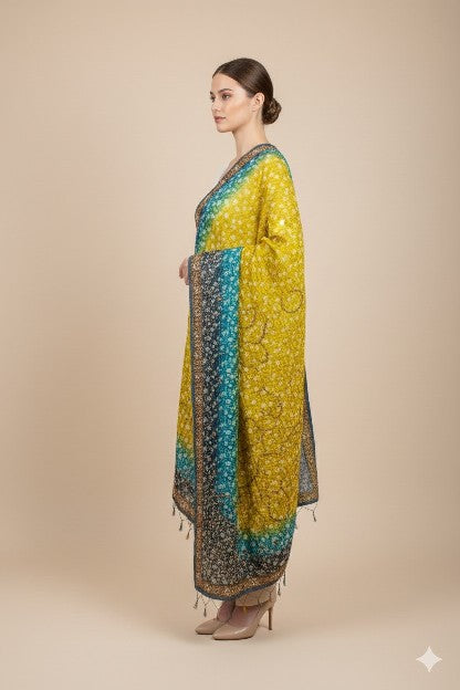 Sanskriti Vintage Yellow-Blue Georgette Dupatta Stole Woven & Hand Beaded Dabka Sequins Crafting, Upcycling, Recycling, Dress Making,Decor