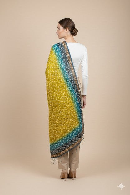 Sanskriti Vintage Yellow-Blue Georgette Dupatta Stole Woven & Hand Beaded Dabka Sequins Crafting, Upcycling, Recycling, Dress Making,Decor