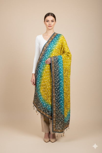 Sanskriti Vintage Yellow-Blue Georgette Dupatta Stole Woven & Hand Beaded Dabka