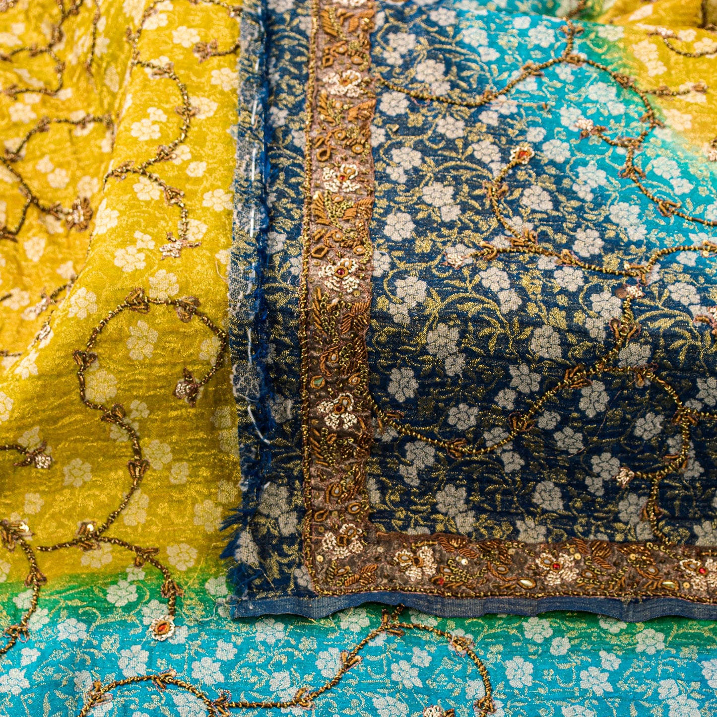 Sanskriti Vintage Yellow-Blue Georgette Dupatta Stole Woven & Hand Beaded Dabka Sequins Crafting, Upcycling, Recycling, Dress Making,Decor