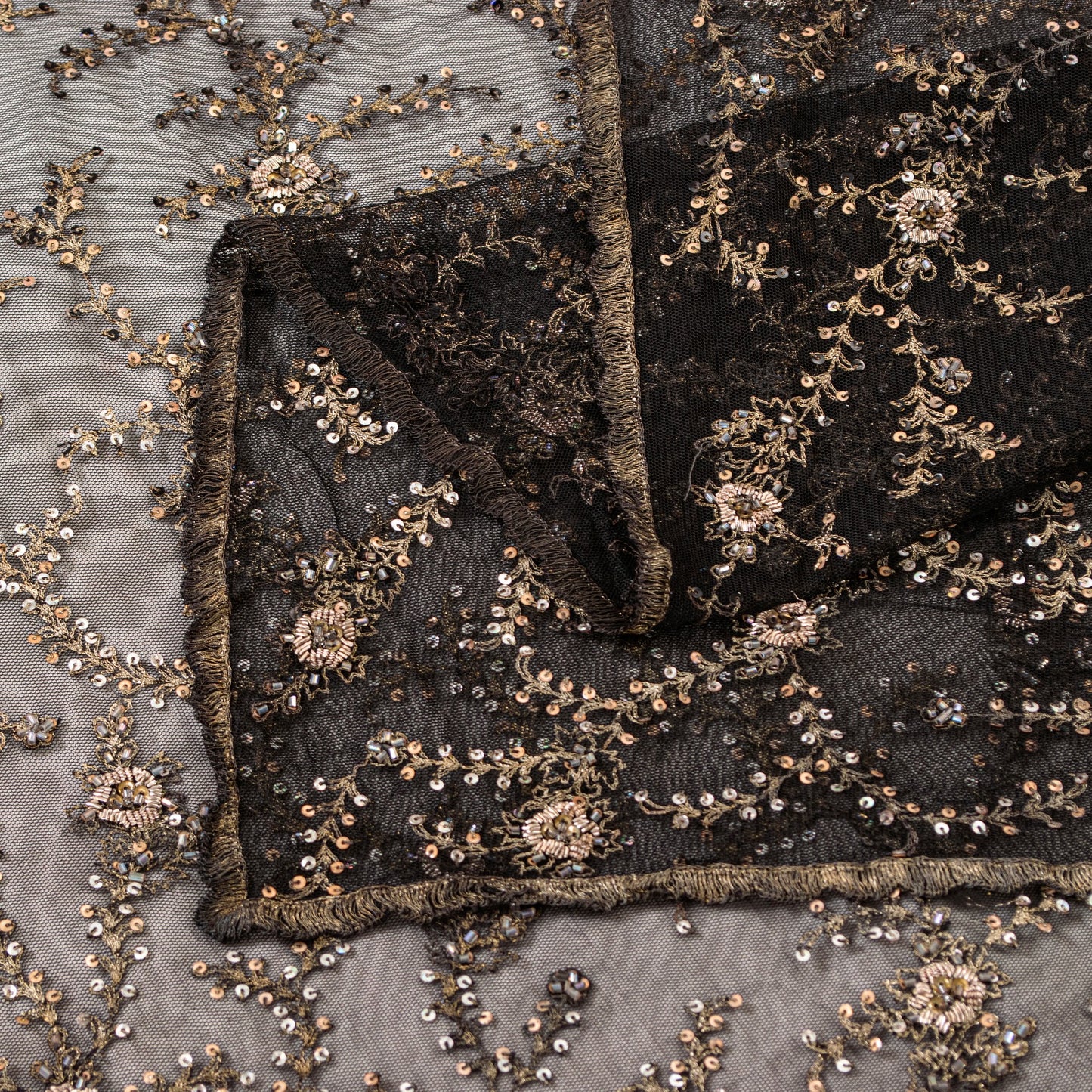Sanskriti Vintage Black Net Stole Dupatta Long Hand Beaded Zari Wedding Scarves