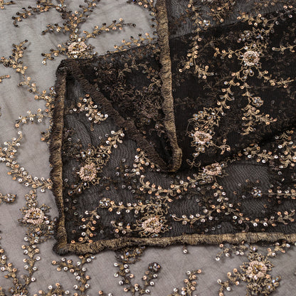Sanskriti Vintage Black Net Stole Dupatta Long Hand Beaded Zari Wedding Scarves