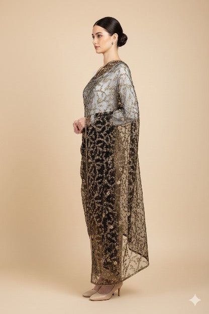 Sanskriti Vintage Black Net Stole Dupatta Long Hand Beaded Zari Wedding Scarves