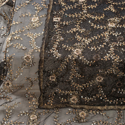 Sanskriti Vintage Black Net Stole Dupatta Long Hand Beaded Zari Wedding Scarves