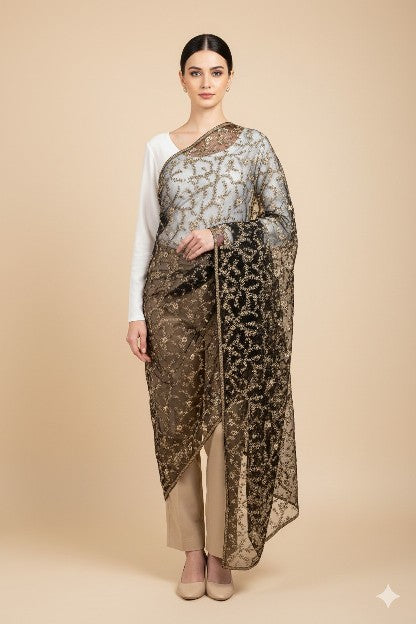 Sanskriti Vintage Black Net Stole Dupatta Long Hand Beaded Zari Wedding Scarves