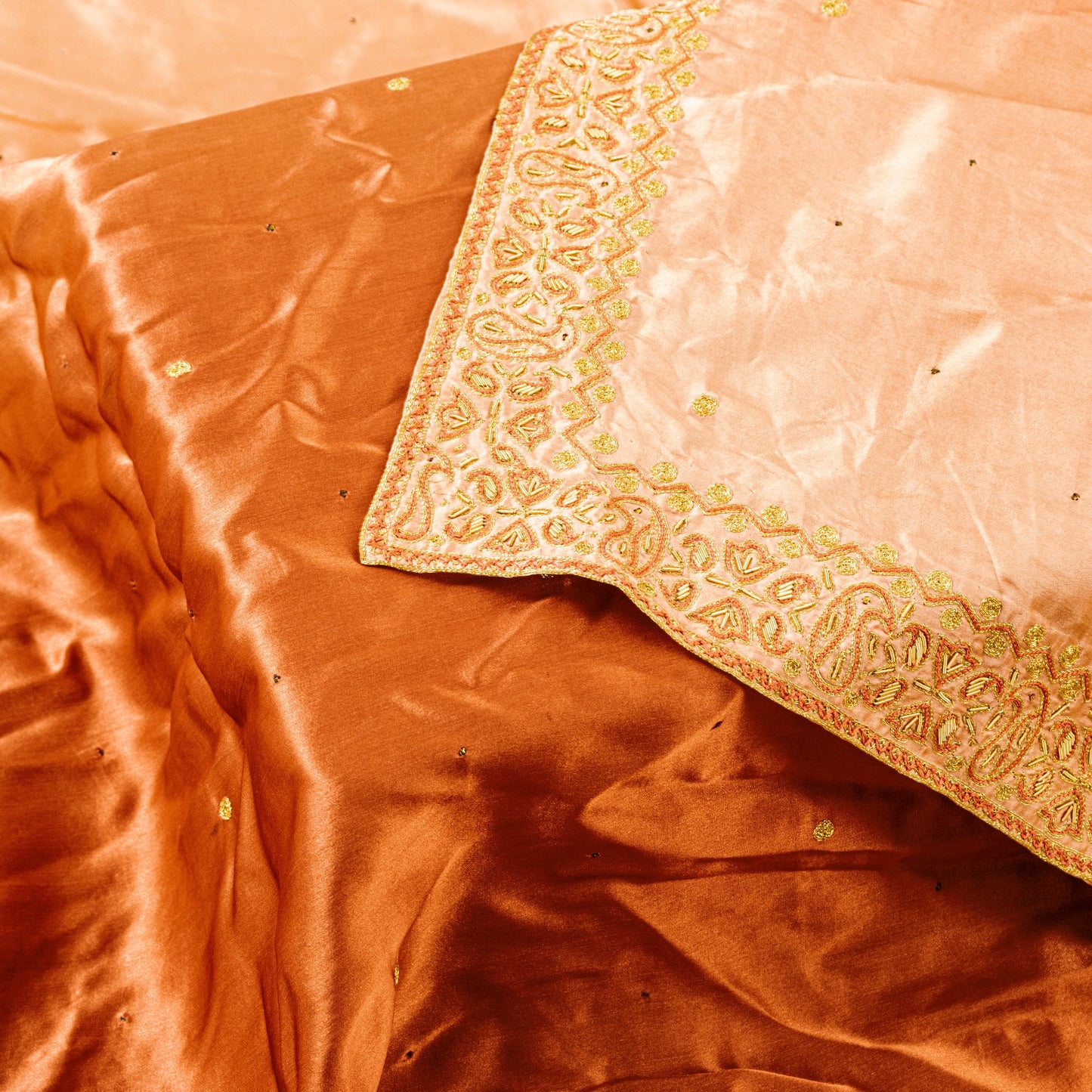 Sanskriti Vintage Peach Pure Satin Dupatta Long Stole Hand Embroidered Zardozi