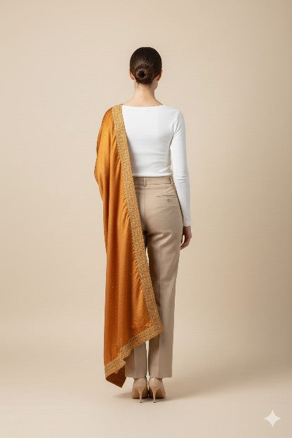 Sanskriti Vintage Peach Pure Satin Dupatta Long Stole Hand Embroidered Zardozi