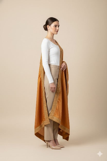 Sanskriti Vintage Peach Pure Satin Dupatta Long Stole Hand Embroidered Zardozi
