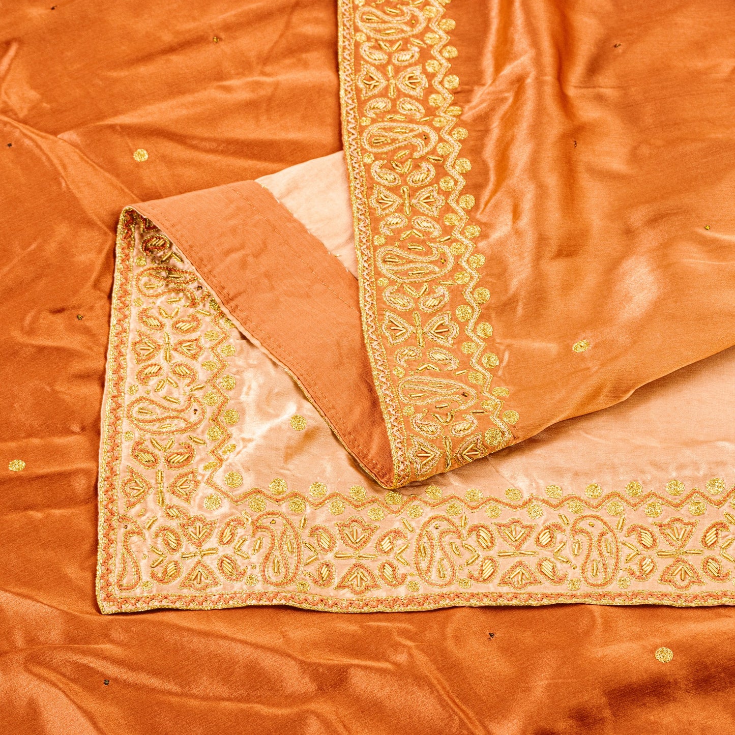 Sanskriti Vintage Peach Pure Satin Dupatta Long Stole Hand Embroidered Zardozi