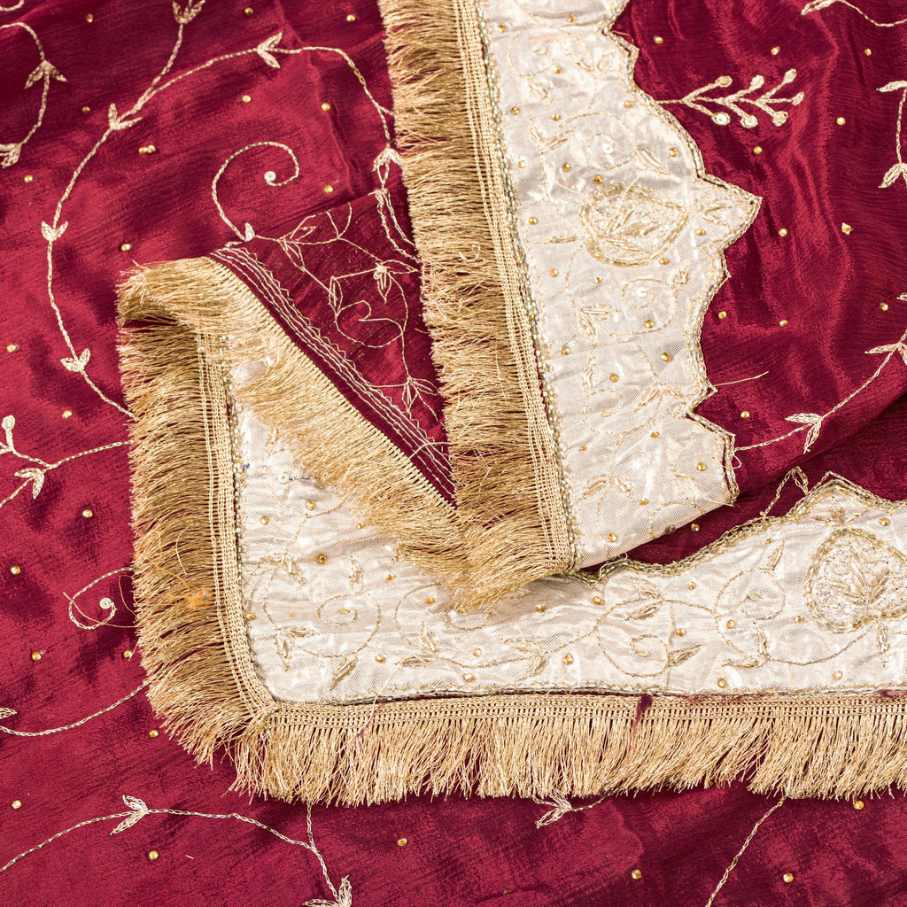 Sanskriti Vintage Red Pure Silk Dupatta Long Stole Hand Embroidered Zari Scarf