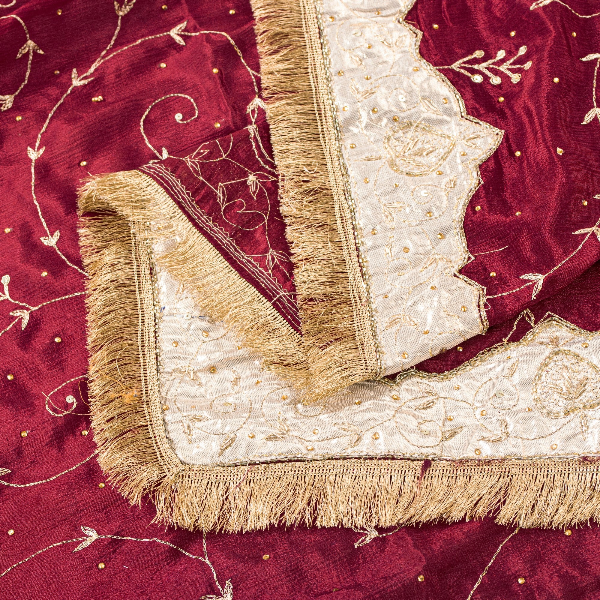 Sanskriti Vintage Red Pure Silk Dupatta Long Stole Hand Embroidered Zari Scarf