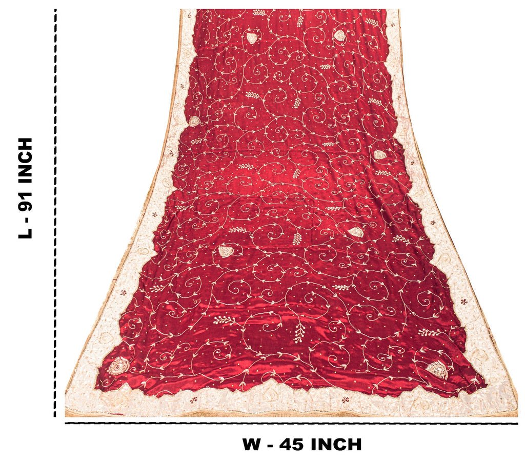 Sanskriti Vintage Red Pure Silk Dupatta Long Stole Hand Embroidered Zari Scarf