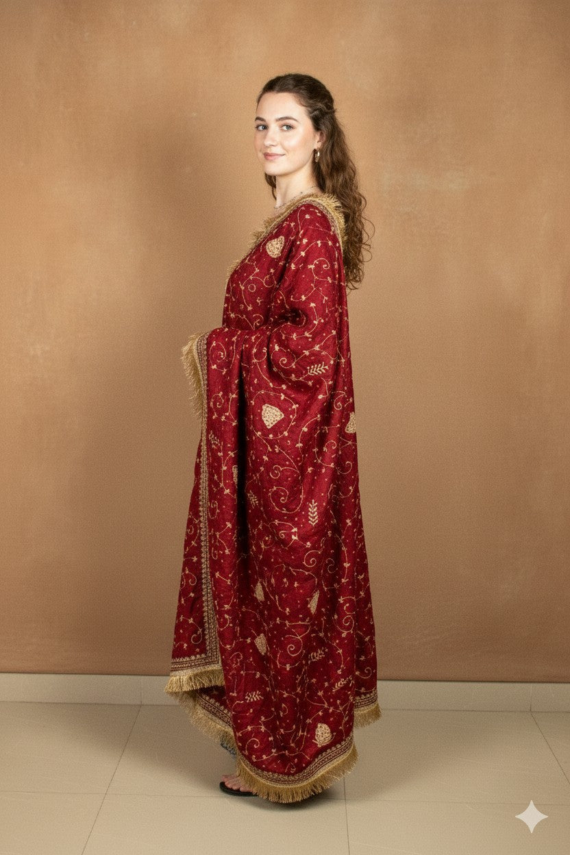Sanskriti Vintage Red Pure Silk Dupatta Long Stole Hand Embroidered Zari Scarf