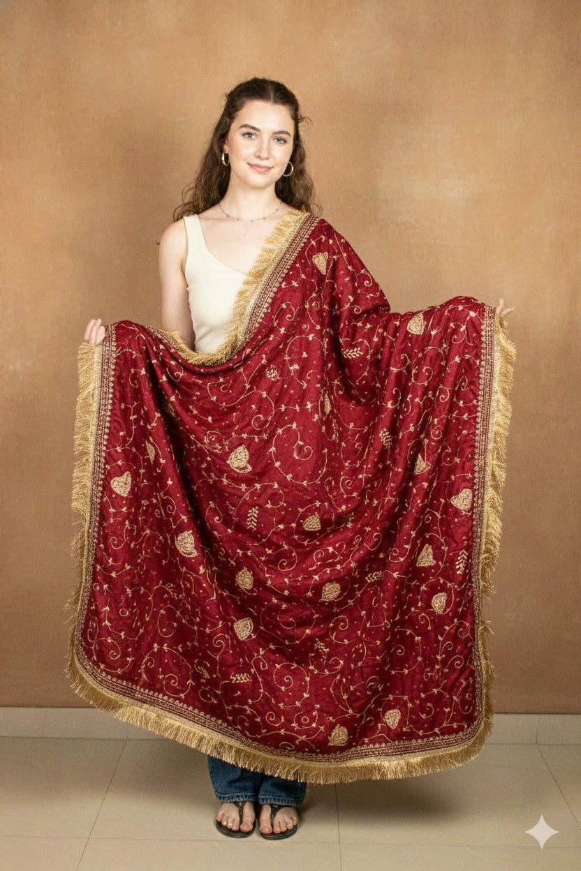 Sanskriti Vintage Red Pure Silk Dupatta Long Stole Hand Embroidered Zari Scarf