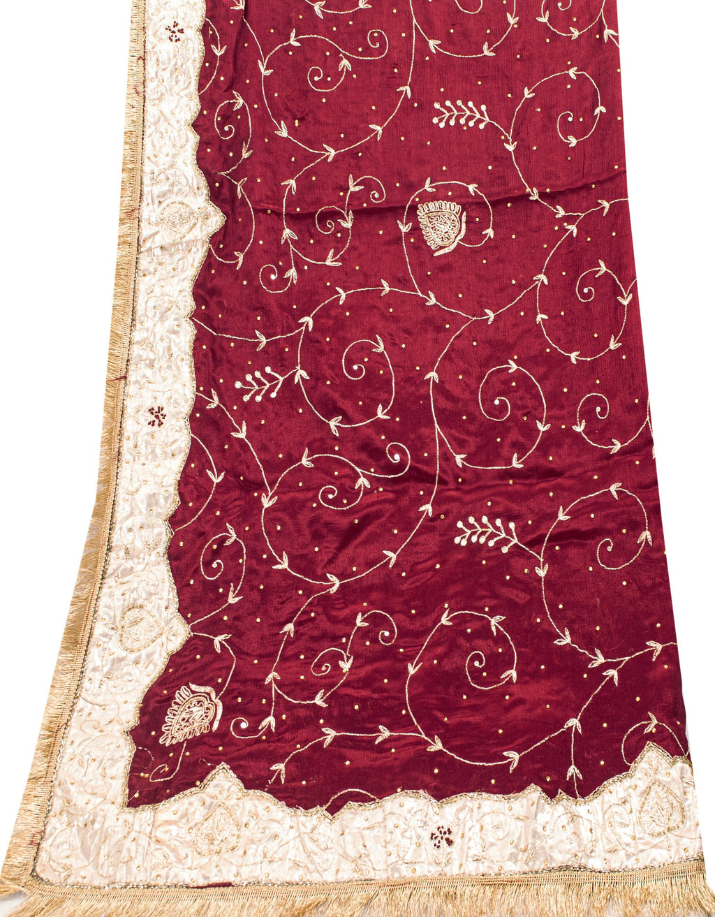 Sanskriti Vintage Red Pure Silk Dupatta Long Stole Hand Embroidered Zari Scarf