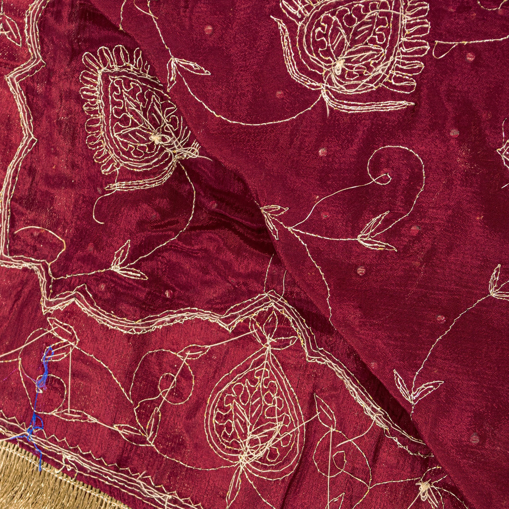 Sanskriti Vintage Red Pure Silk Dupatta Long Stole Hand Embroidered Zari Scarf