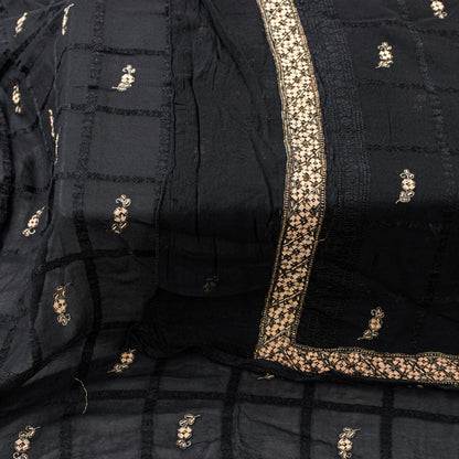 Sanskriti Vintage Black Pure Silk Dupatta Long Stole Hand Embroidered Zardozi