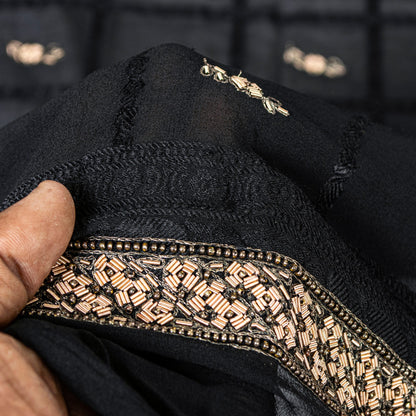 Sanskriti Vintage Black Pure Silk Dupatta Long Stole Hand Embroidered Zardozi