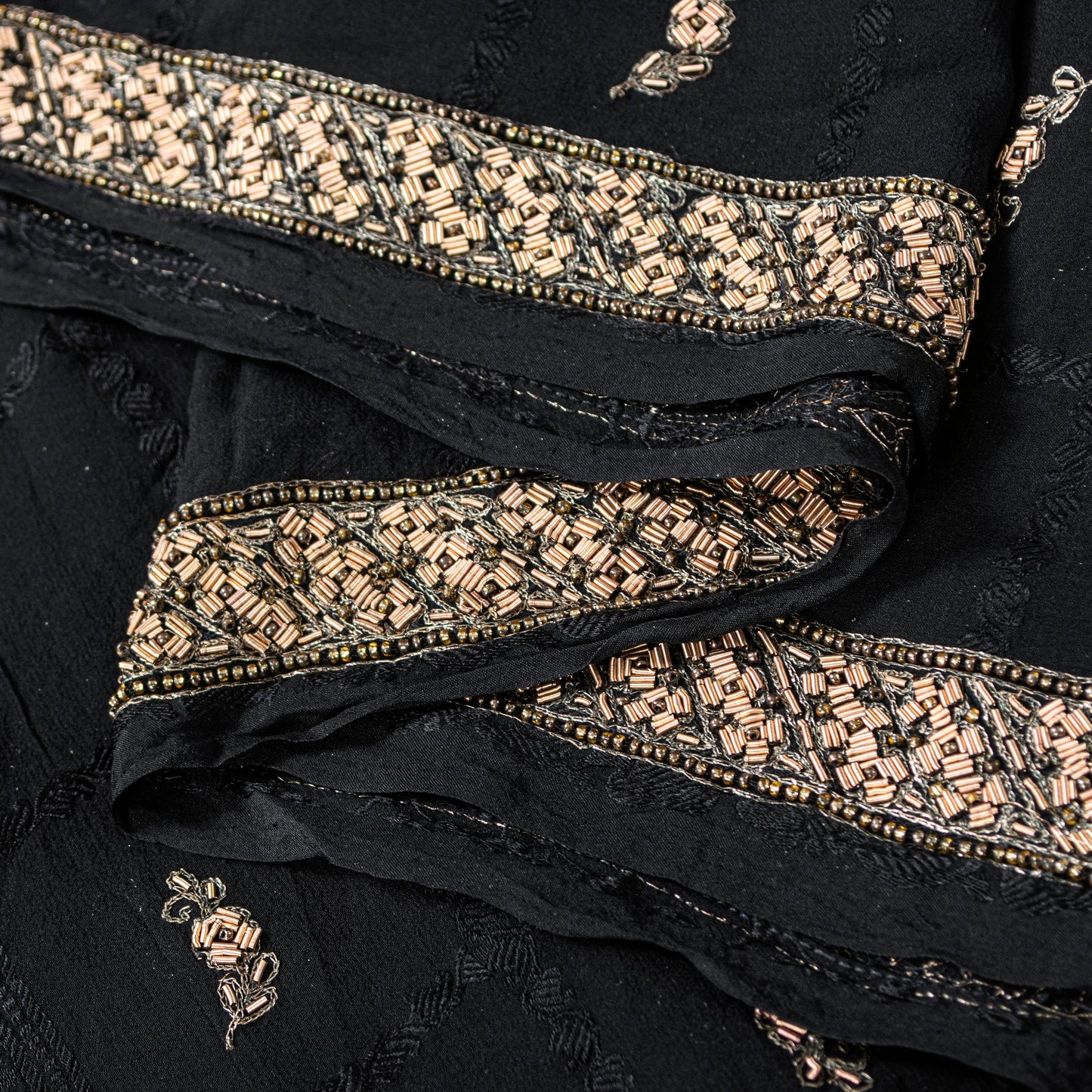 Sanskriti Vintage Black Pure Silk Dupatta Long Stole Hand Embroidered Zardozi
