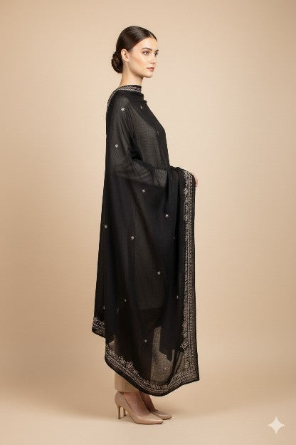Sanskriti Vintage Black Pure Silk Dupatta Long Stole Hand Embroidered Zardozi