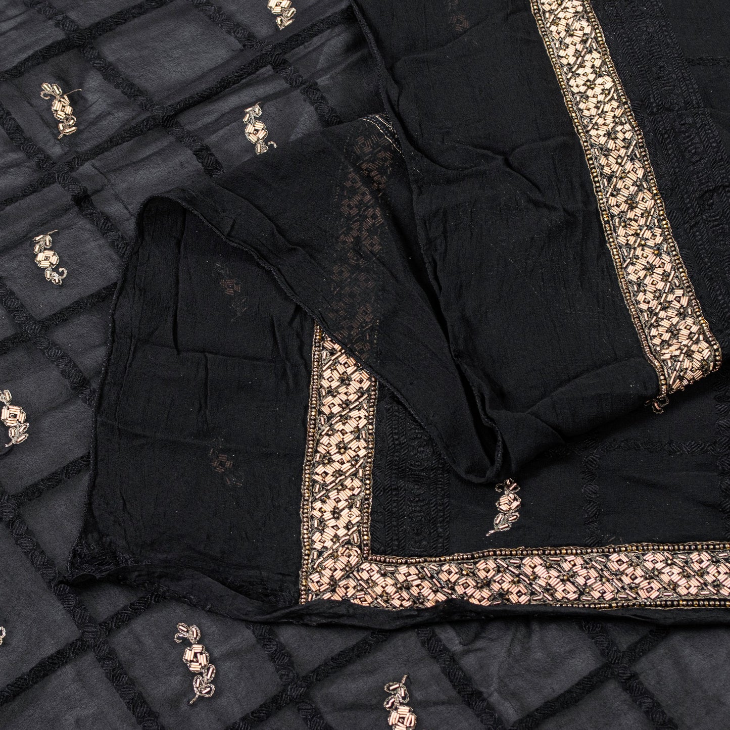 Sanskriti Vintage Black Pure Silk Dupatta Long Stole Hand Embroidered Zardozi