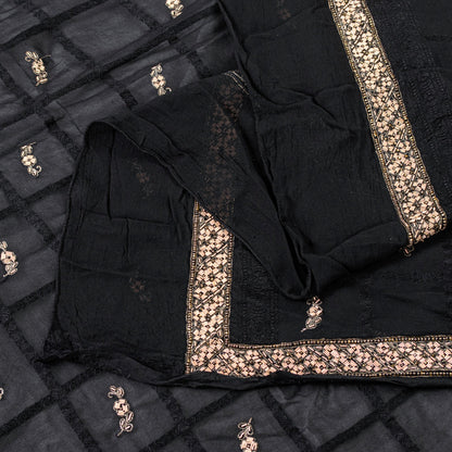 Sanskriti Vintage Black Pure Silk Dupatta Long Stole Hand Embroidered Zardozi