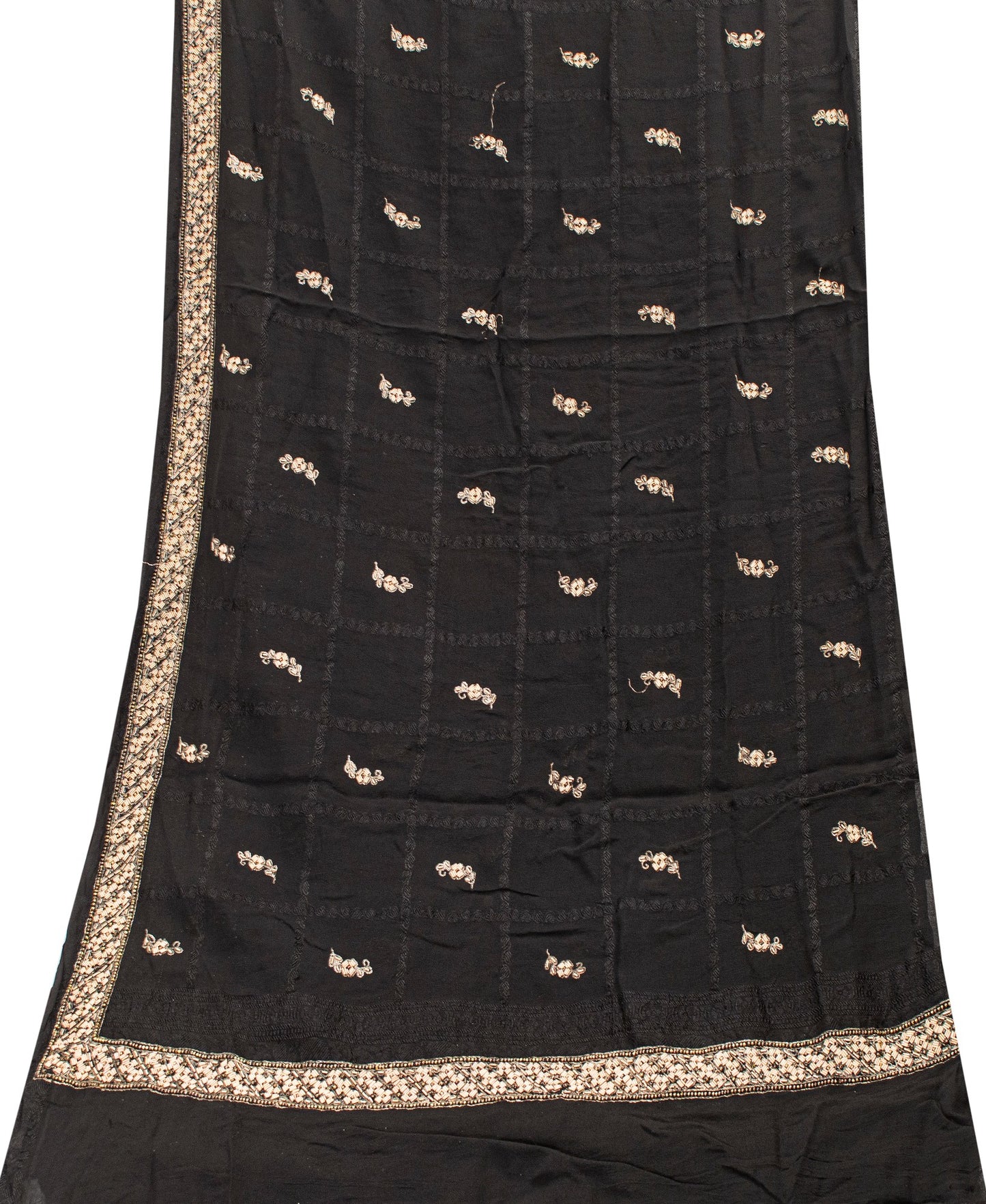 Sanskriti Vintage Black Pure Silk Dupatta Long Stole Hand Embroidered Zardozi