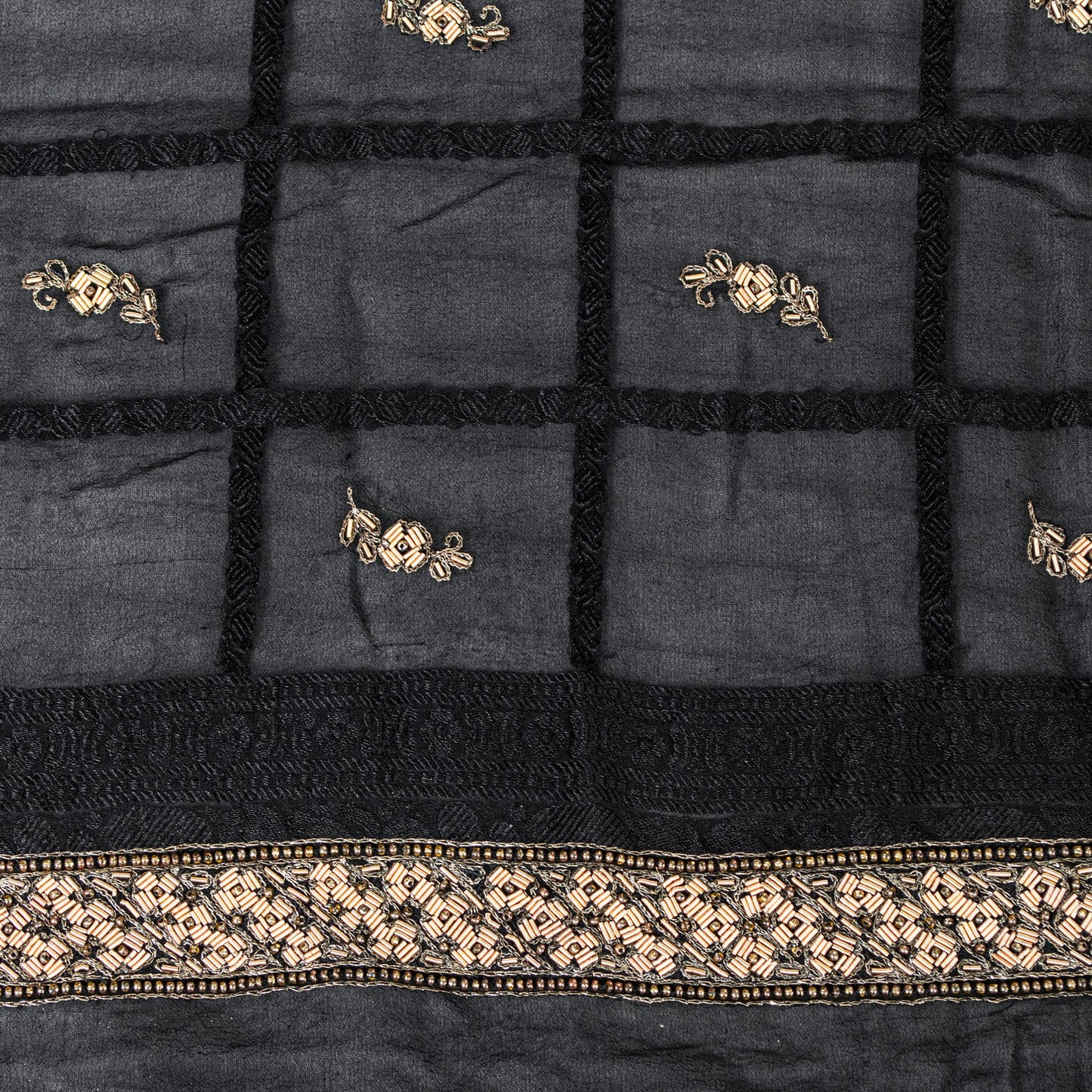 Sanskriti Vintage Black Pure Silk Dupatta Long Stole Hand Embroidered Zardozi