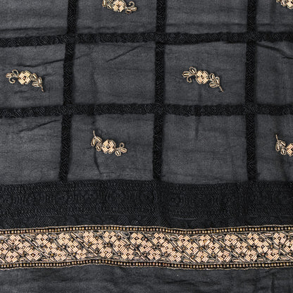 Sanskriti Vintage Black Pure Silk Dupatta Long Stole Hand Embroidered Zardozi