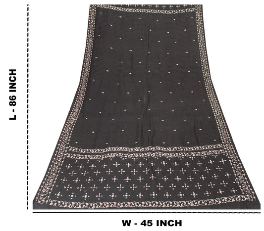 Sanskriti Vintage Black Pure Silk Dupatta Long Stole Hand Beaded Zardozi Scarves