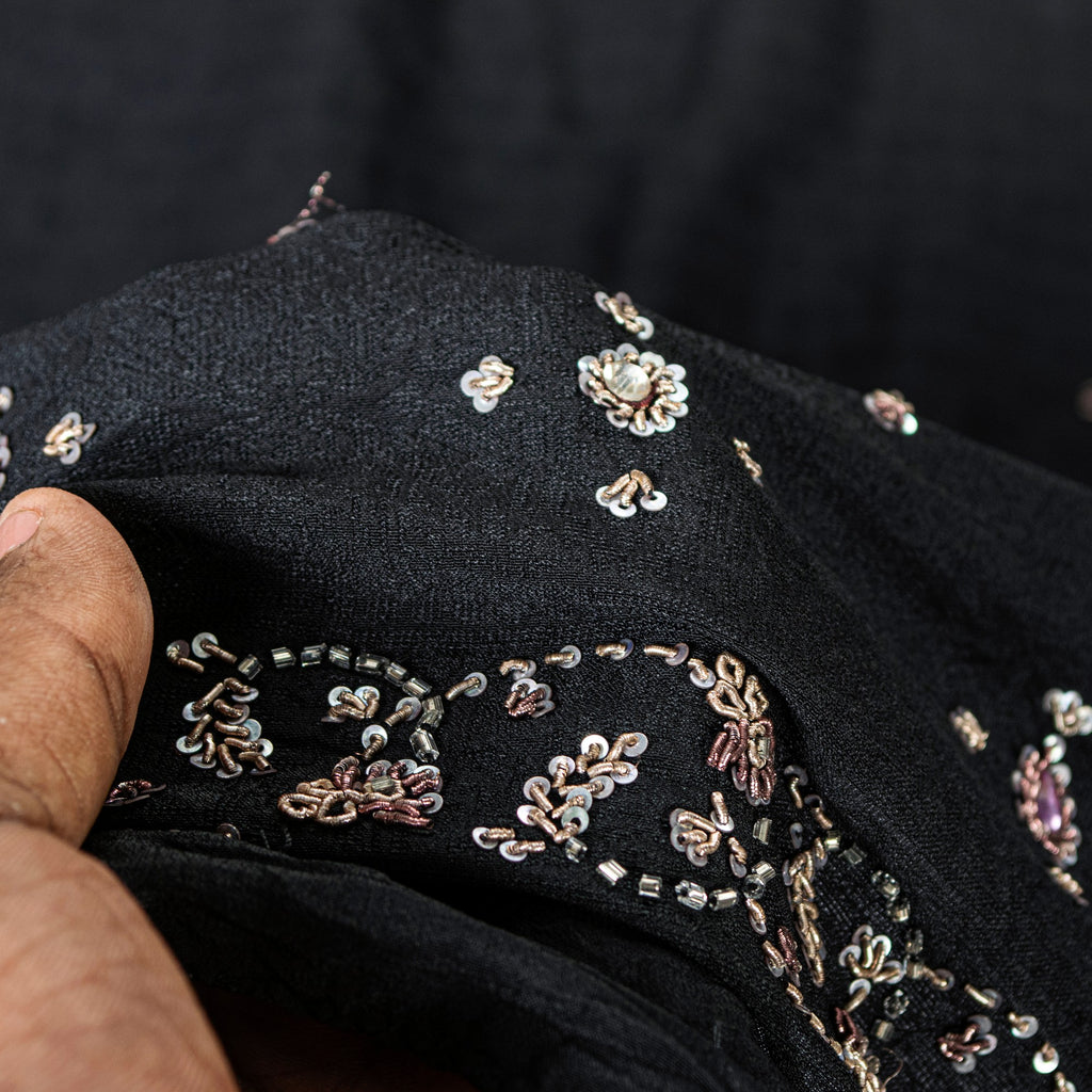 Sanskriti Vintage Black Pure Silk Dupatta Long Stole Hand Beaded Zardozi Scarves