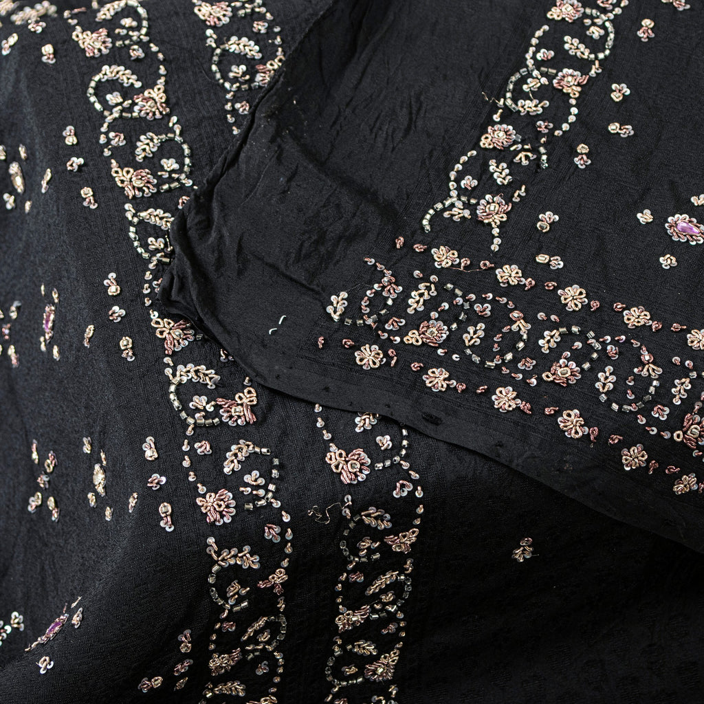 Sanskriti Vintage Black Pure Silk Dupatta Long Stole Hand Beaded Zardozi Scarves