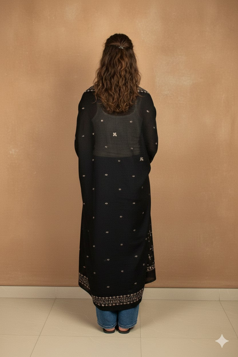 Sanskriti Vintage Black Pure Silk Dupatta Long Stole Hand Beaded Zardozi Scarves